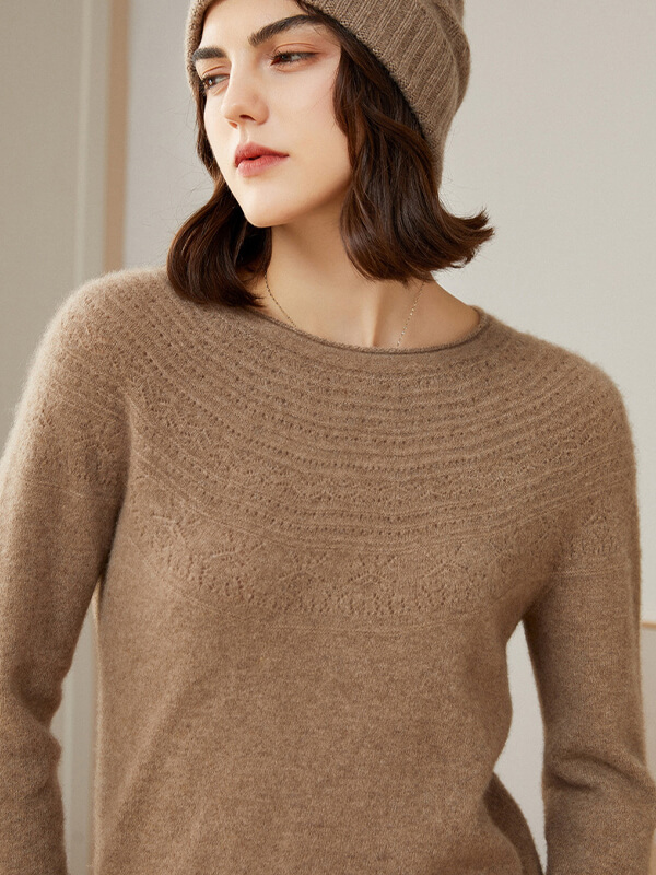 Women's 100% Superfine Cashmere Hollow Out Crewneck Sweater