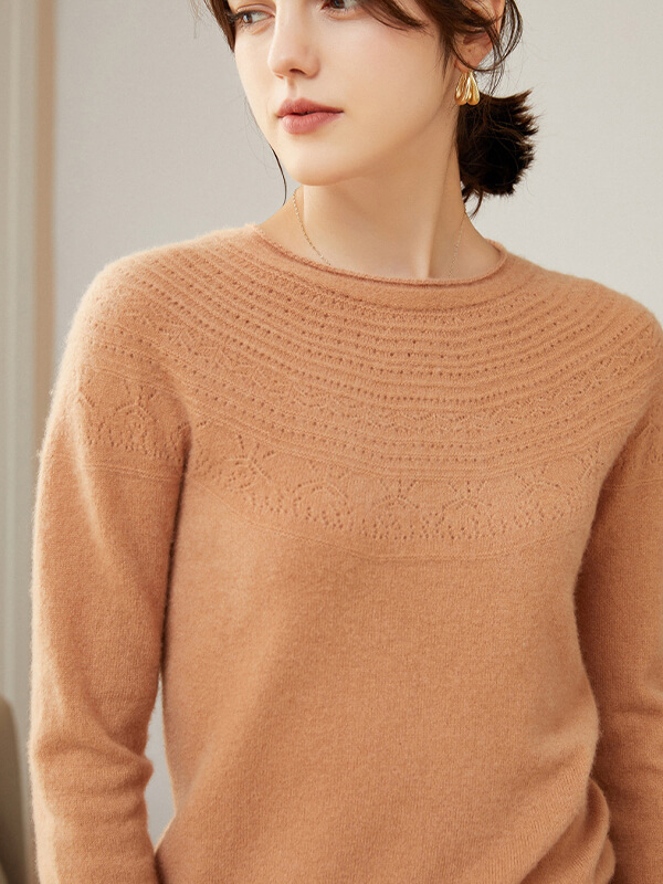 Women's 100% Superfine Cashmere Hollow Out Crewneck Sweater