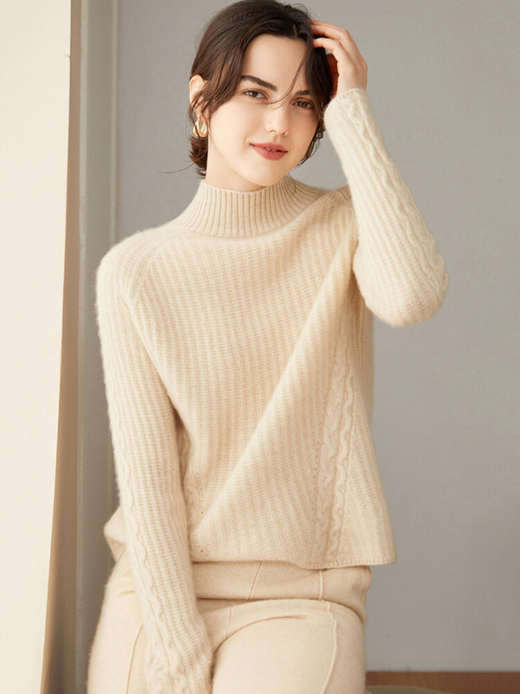 Womens Rib Knit Cashmere Mock Neck Sweater