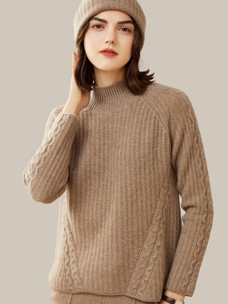 Womens Rib Knit Cashmere Mock Neck Sweater