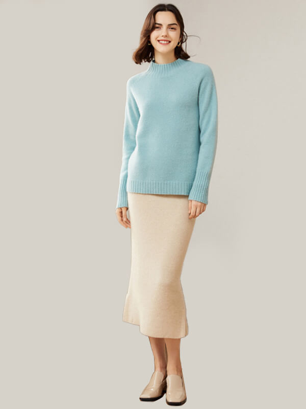 Ribbed Funnel-Neck Pullover Cashmere Sweater