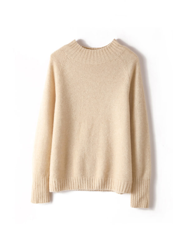 Ribbed Funnel-Neck Pullover Cashmere Sweater