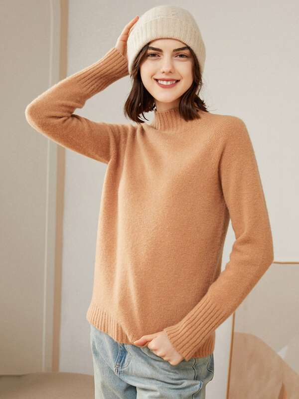 Ribbed Funnel-Neck Pullover Cashmere Sweater