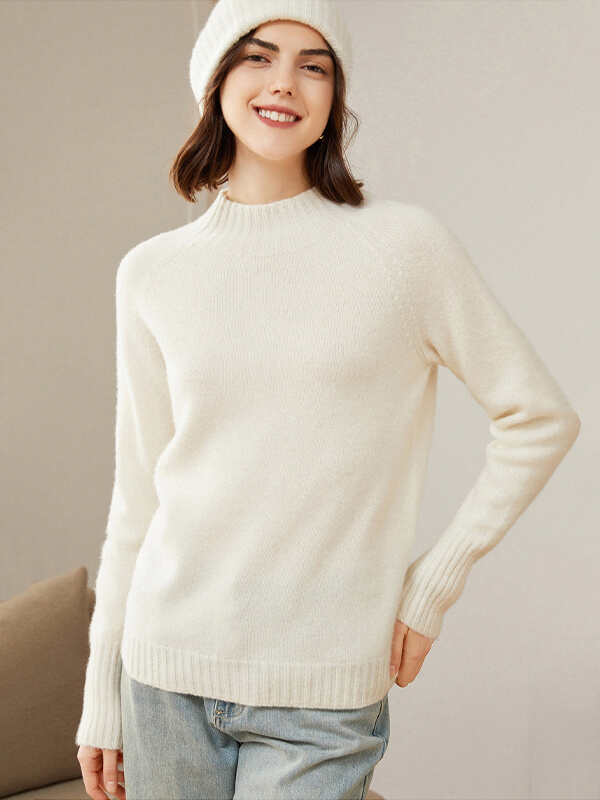 Ribbed Funnel-Neck Pullover Cashmere Sweater