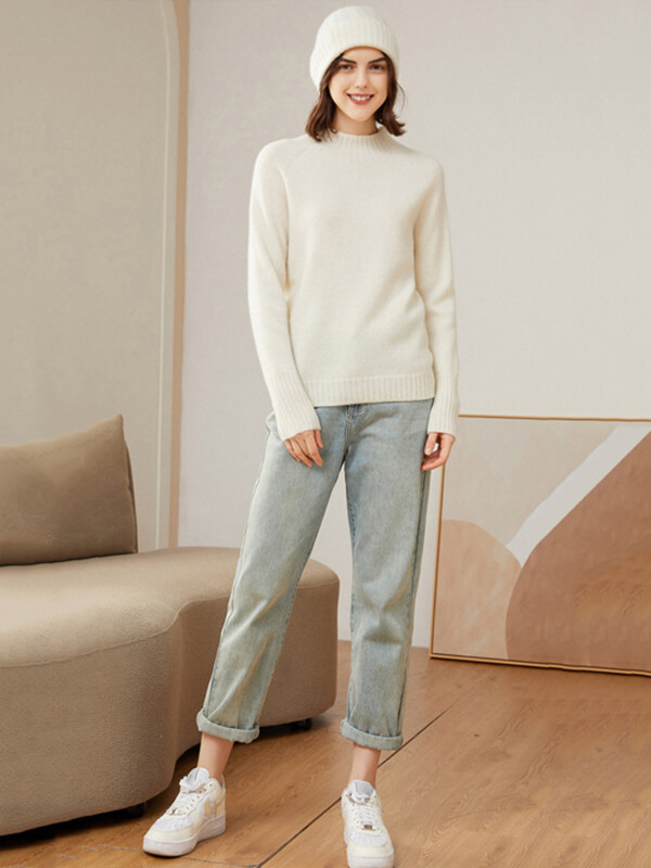 Ribbed Funnel-Neck Pullover Cashmere Sweater