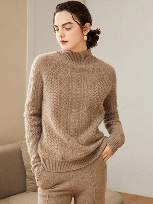 Cable-Knit Mock Neck Cashmere Sweater