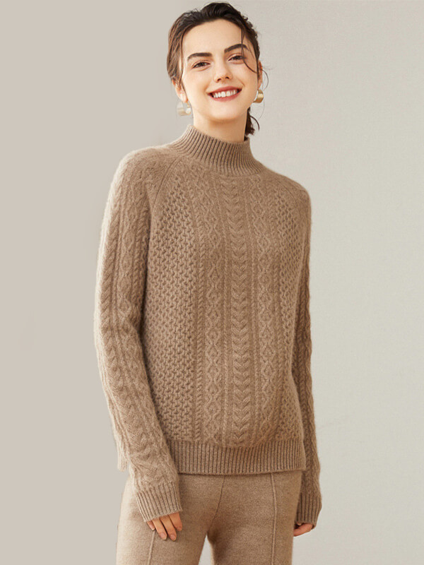 Cable-Knit Mock Neck Cashmere Sweater