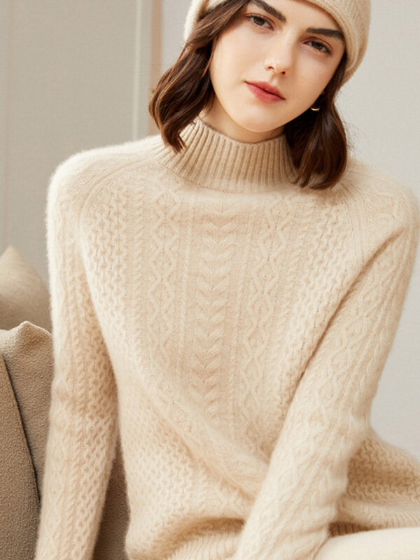 Cable-Knit Mock Neck Cashmere Sweater