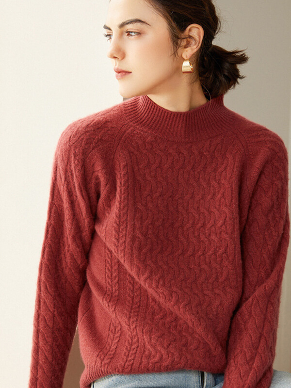 Cable-Knit Long Sleeve Cashmere Mock Neck Sweater