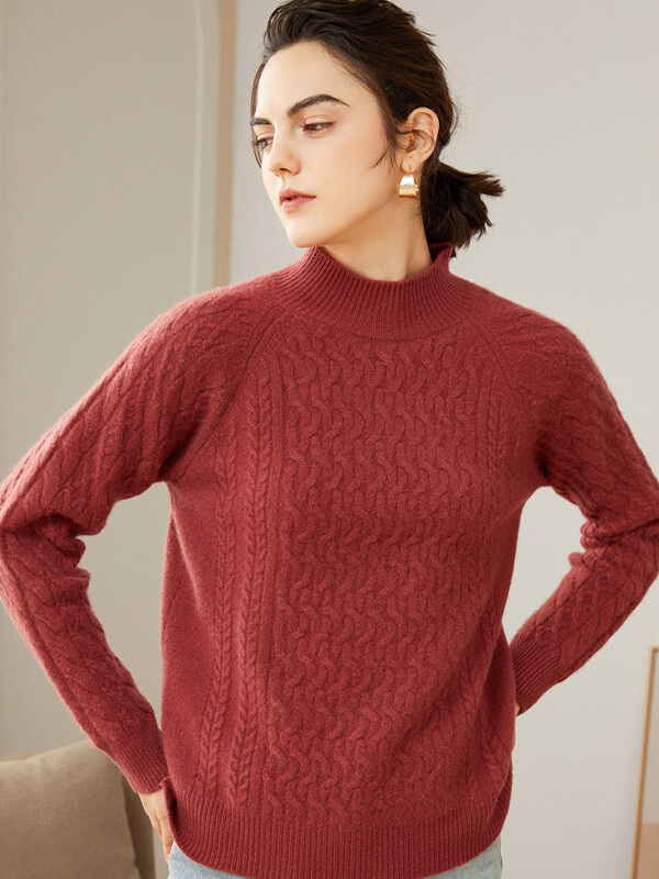 Cable-Knit Long Sleeve Cashmere Mock Neck Sweater