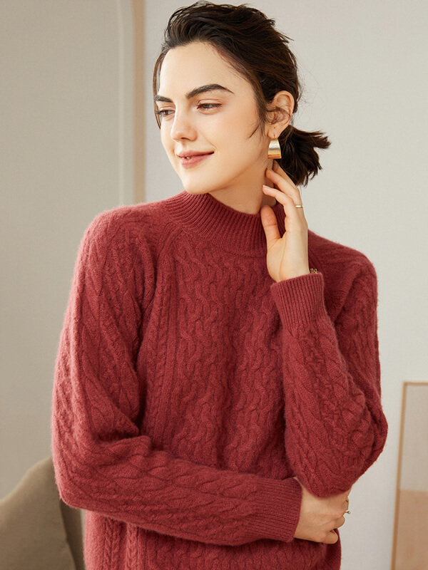 Cable-Knit Long Sleeve Cashmere Mock Neck Sweater