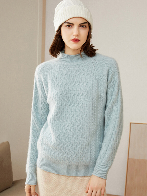 Cable-Knit Long Sleeve Cashmere Mock Neck Sweater