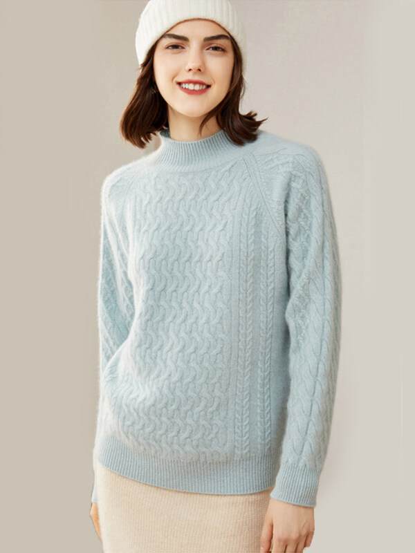 Cable-Knit Long Sleeve Cashmere Mock Neck Sweater