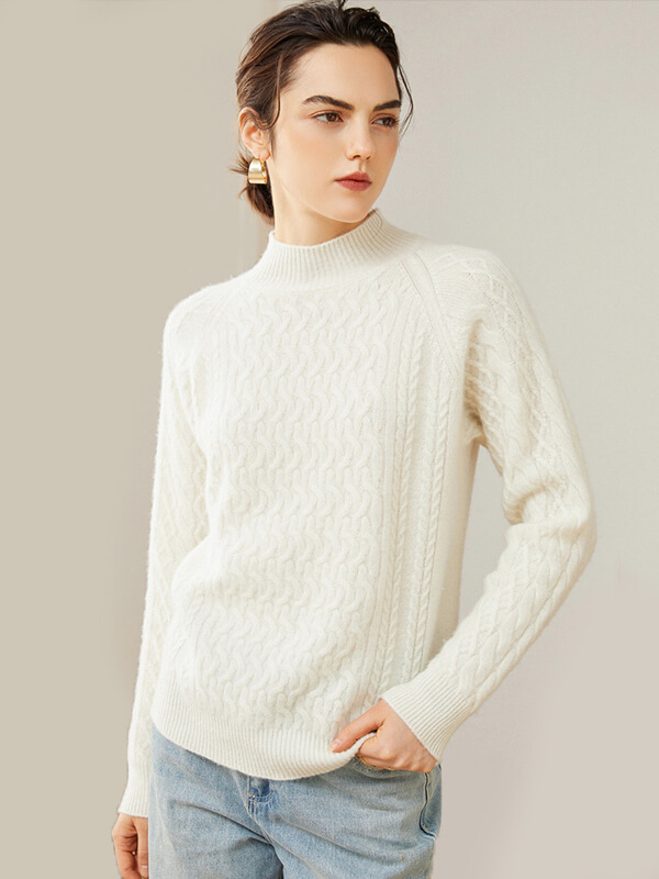 Cable-Knit Long Sleeve Cashmere Mock Neck Sweater