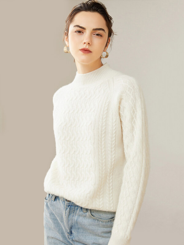 Cable-Knit Long Sleeve Cashmere Mock Neck Sweater