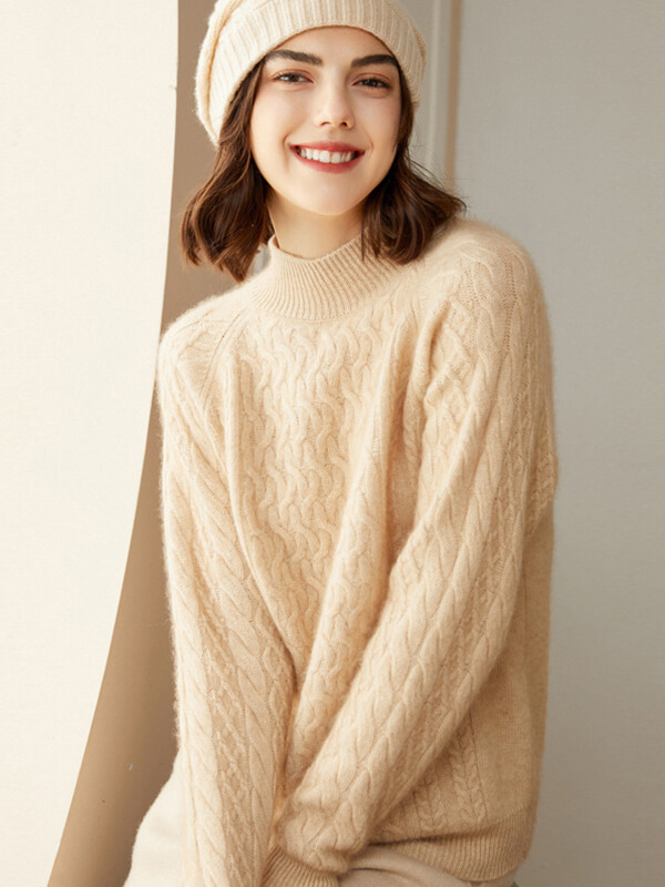 Cable-Knit Long Sleeve Cashmere Mock Neck Sweater