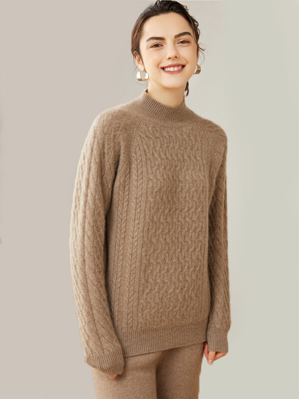 Cable-Knit Long Sleeve Cashmere Mock Neck Sweater