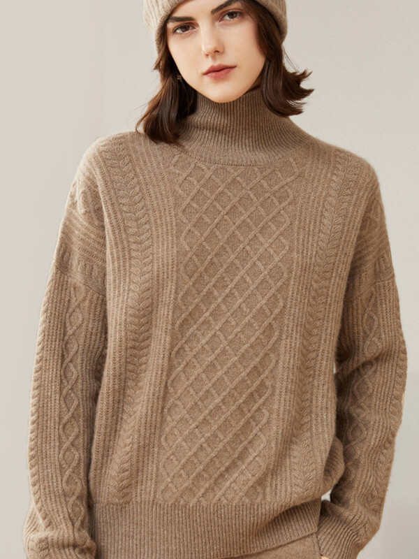 Women's 100% Cashmere Turtleneck Cable-Knit Plaid Sweater