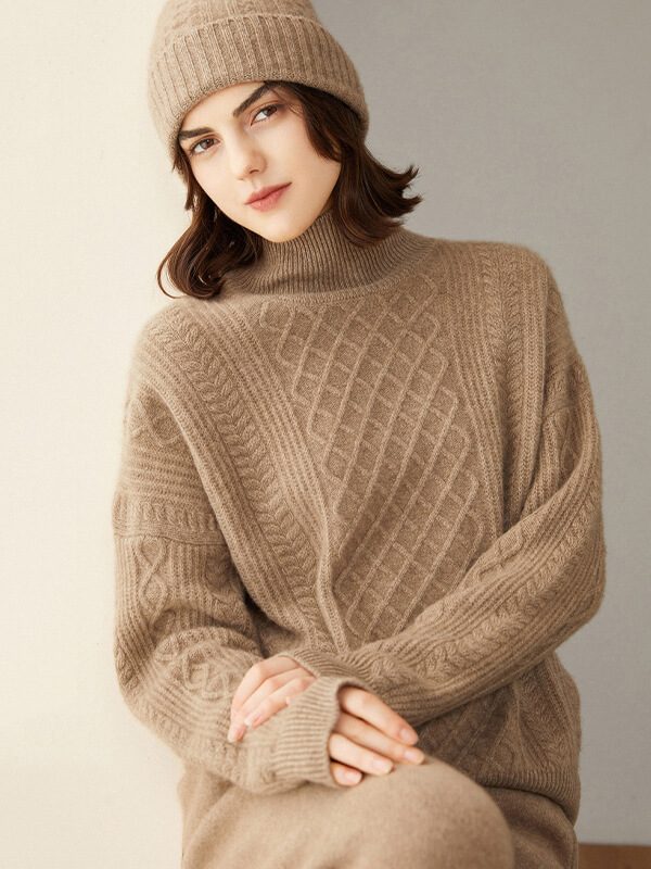 Women's 100% Cashmere Turtleneck Cable-Knit Plaid Sweater