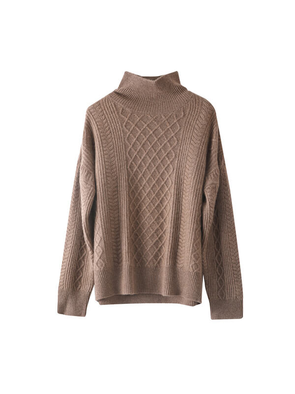 Women's 100% Cashmere Turtleneck Cable-Knit Plaid Sweater