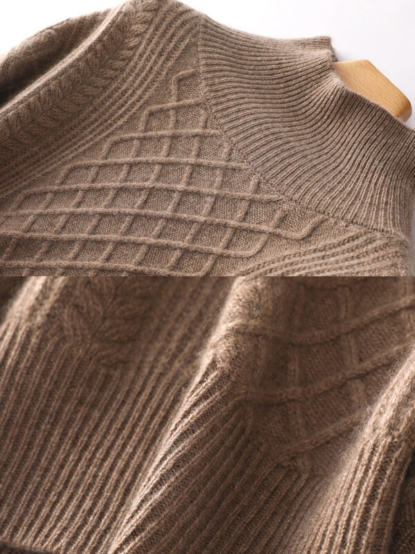 Women's 100% Cashmere Turtleneck Cable-Knit Plaid Sweater