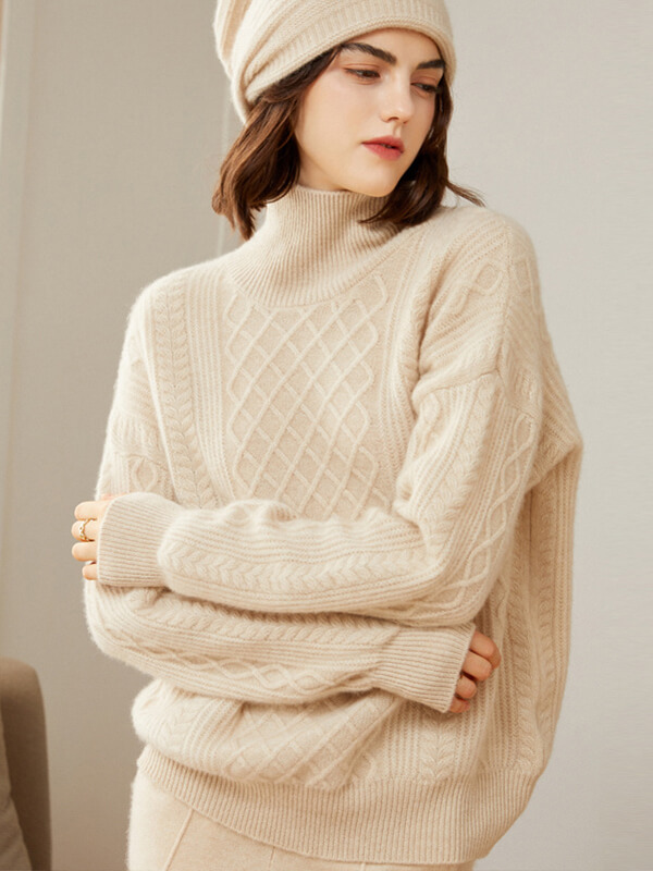 Women's 100% Cashmere Turtleneck Cable-Knit Plaid Sweater