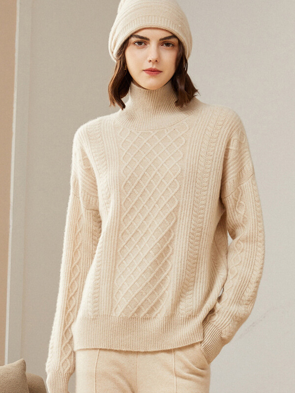 Women's 100% Cashmere Turtleneck Cable-Knit Plaid Sweater