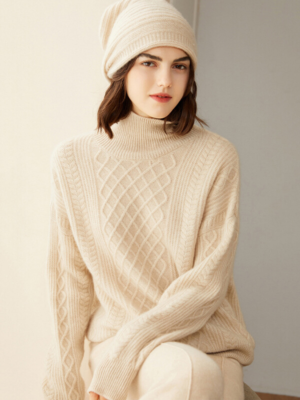 Women's 100% Cashmere Turtleneck Cable-Knit Plaid Sweater