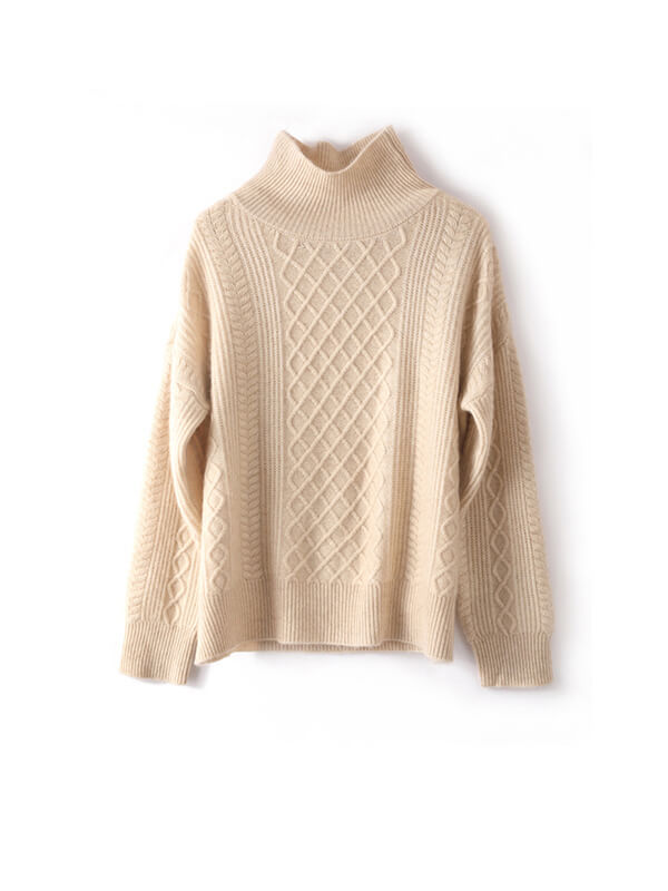 Women's 100% Cashmere Turtleneck Cable-Knit Plaid Sweater