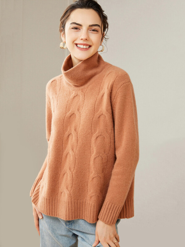 Women's Casual 100% Cashmere Turtleneck Cable-Knit Sweater