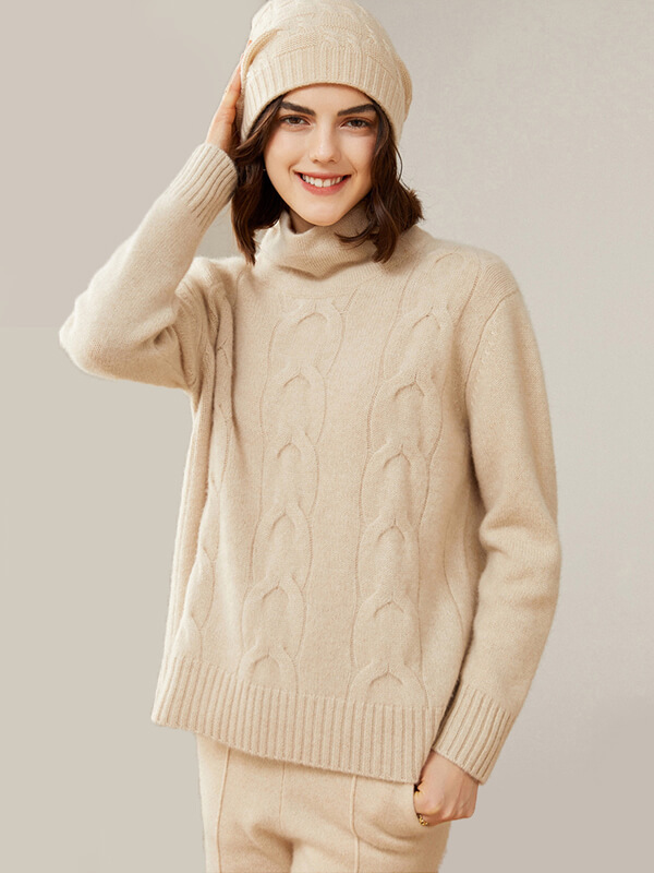 Women's Casual 100% Cashmere Turtleneck Cable-Knit Sweater