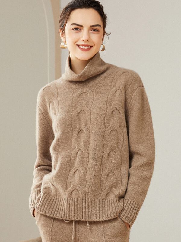 Women's Casual 100% Cashmere Turtleneck Cable-Knit Sweater