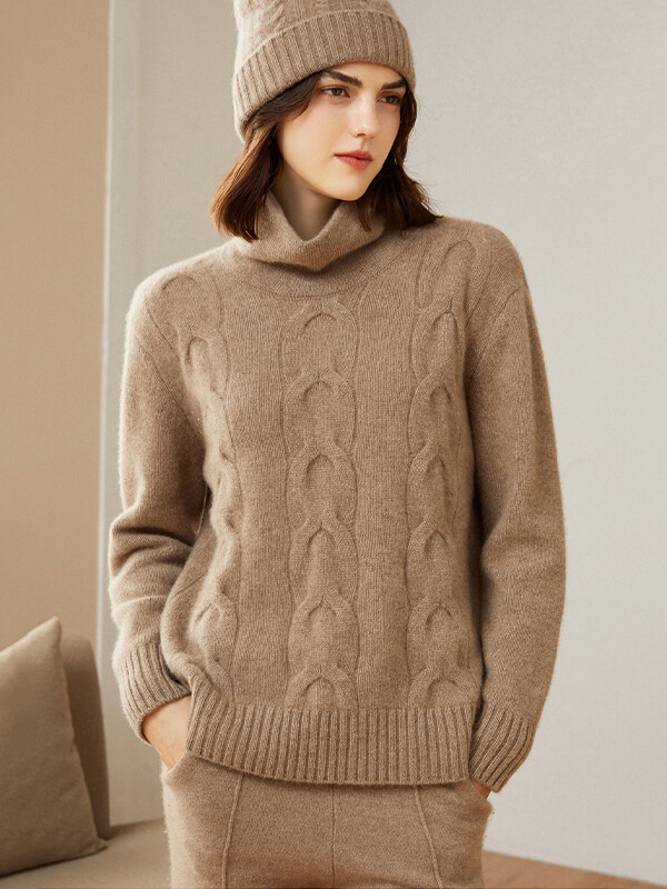 Women's Casual 100% Cashmere Turtleneck Cable-Knit Sweater