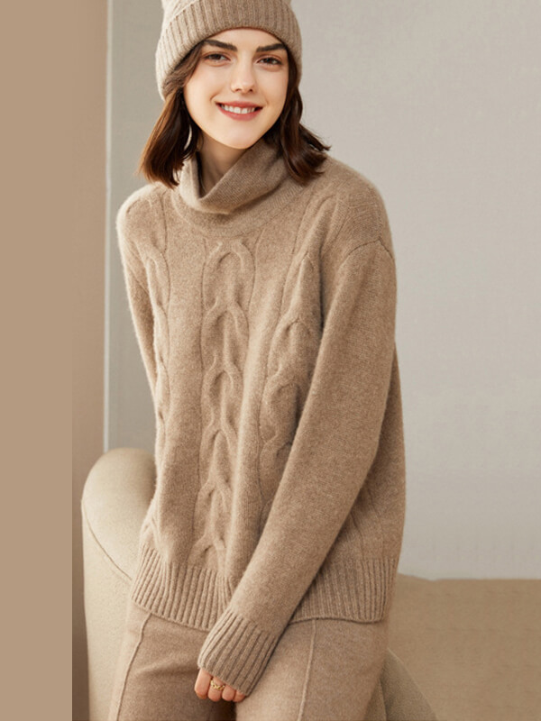 Women's Casual 100% Cashmere Turtleneck Cable-Knit Sweater