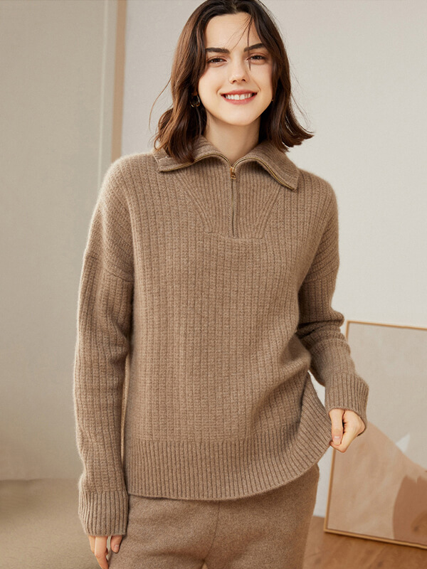Women's Ribbed 100% Cashmere Polo Sweater