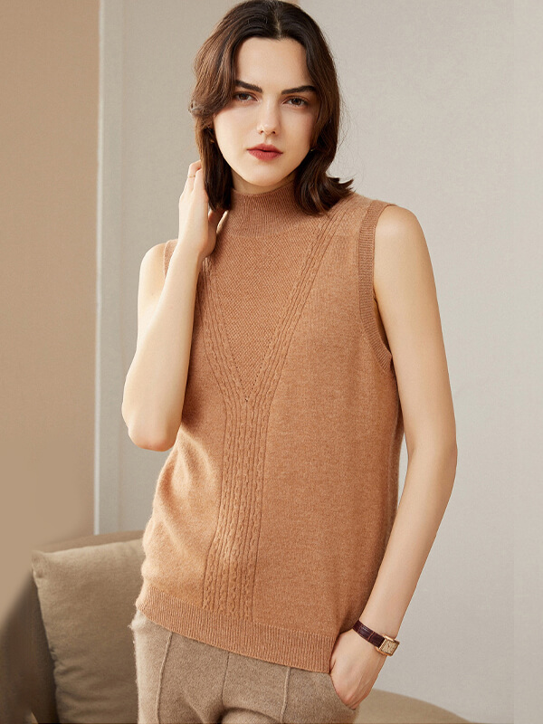 Sleeveless Mock Neck Cashmere Crochet-knit Sweater