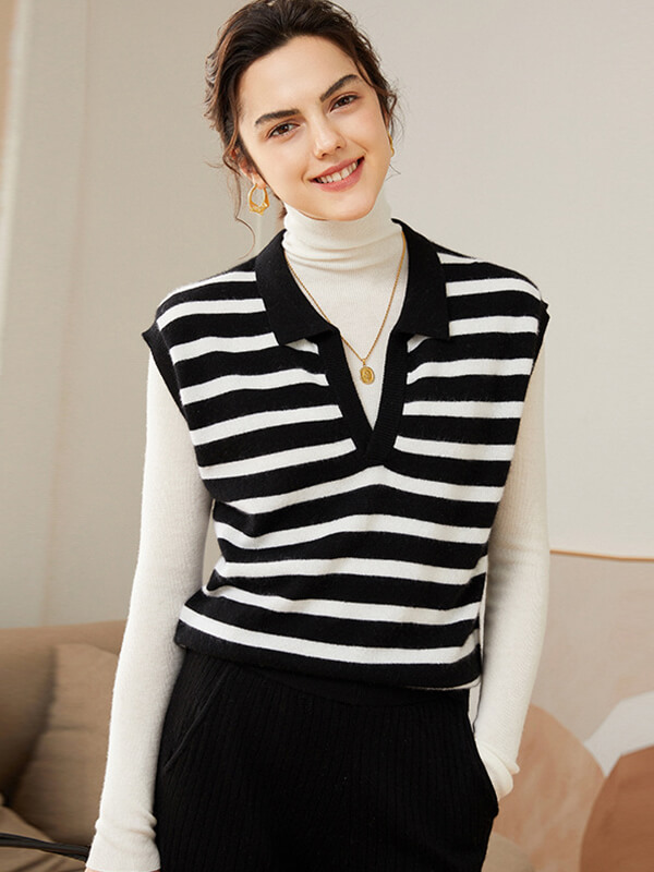 Black and White Striped Cashmere Polo Sweater Vest