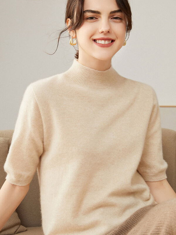 Short Sleeve Mock Neck Cashmere Sweater