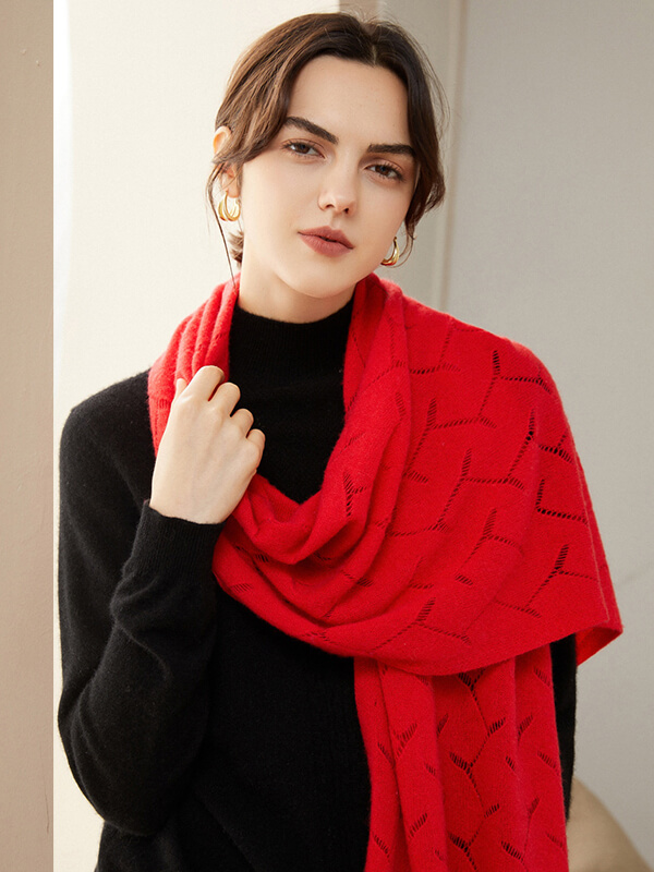 100% Cashmere Solid Color Pointelle Knit Scarf