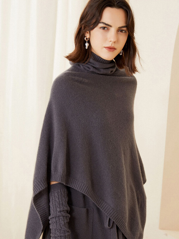 Women's 100% Cashmere Draped Turtleneck Shawl Sweater