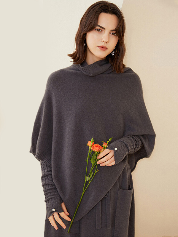 Women's 100% Cashmere Draped Turtleneck Shawl Sweater