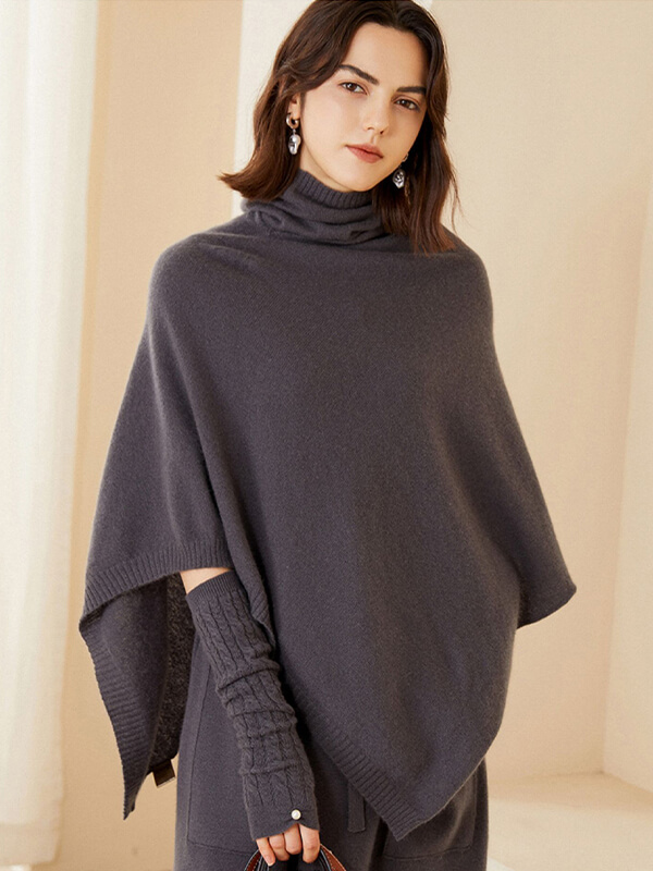 Women's 100% Cashmere Draped Turtleneck Shawl Sweater