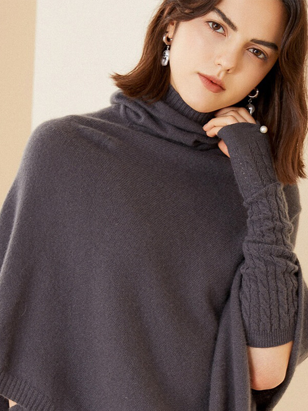 Women's 100% Cashmere Draped Turtleneck Shawl Sweater