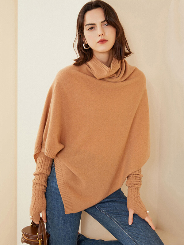 Women's 100% Cashmere Draped Turtleneck Shawl Sweater