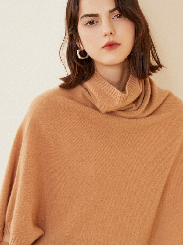 Women's 100% Cashmere Draped Turtleneck Shawl Sweater