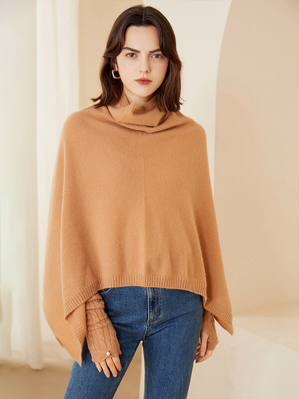 Women's 100% Cashmere Draped Turtleneck Shawl Sweater