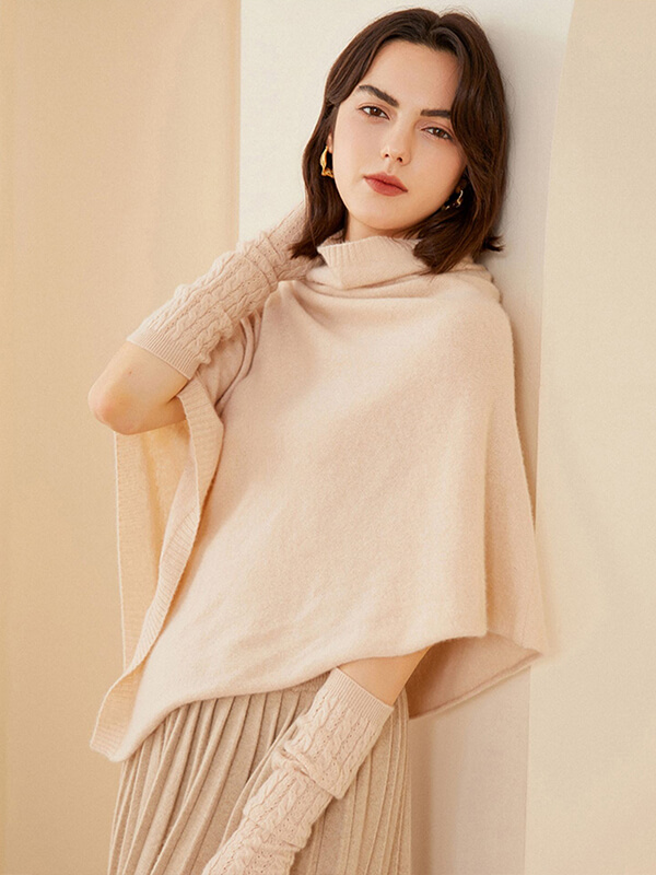 Women's 100% Cashmere Draped Turtleneck Shawl Sweater