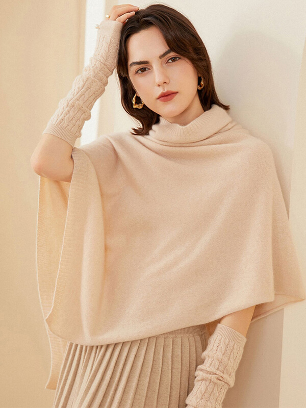 Women's 100% Cashmere Draped Turtleneck Shawl Sweater