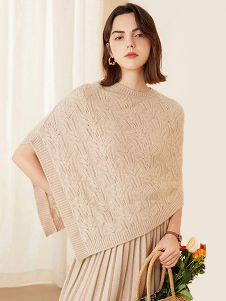 Women's Cable-Knit 100% Cashmere Crewneck Shawl Sweater
